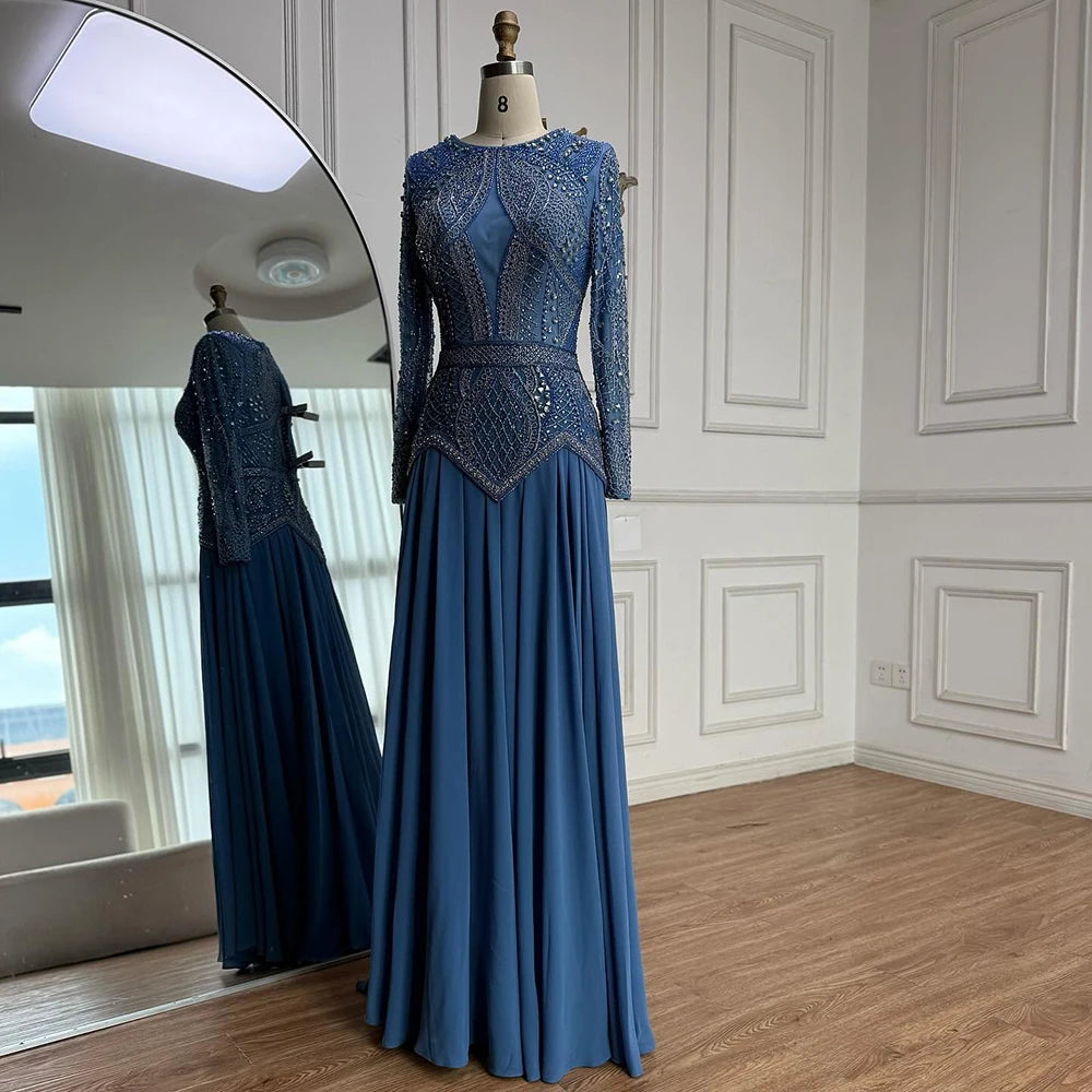 Luxury Designer  Blue Beaded Evening Dress with Long Sleeves LA72962