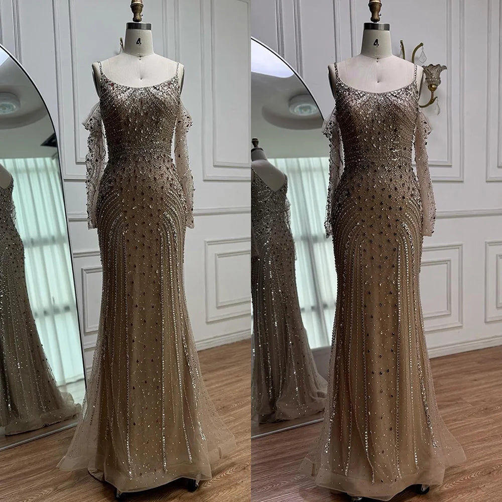 Luxury Nude Navy Blue Beaded Evening Dress with Long Sleeves LA73120