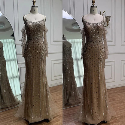 Luxury Nude Navy Blue Beaded Evening Dress with Long Sleeves LA73120