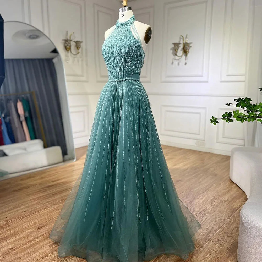 Luxury Arabic Blue Sequin Tassel Halter A Line Evening Dress LA72227