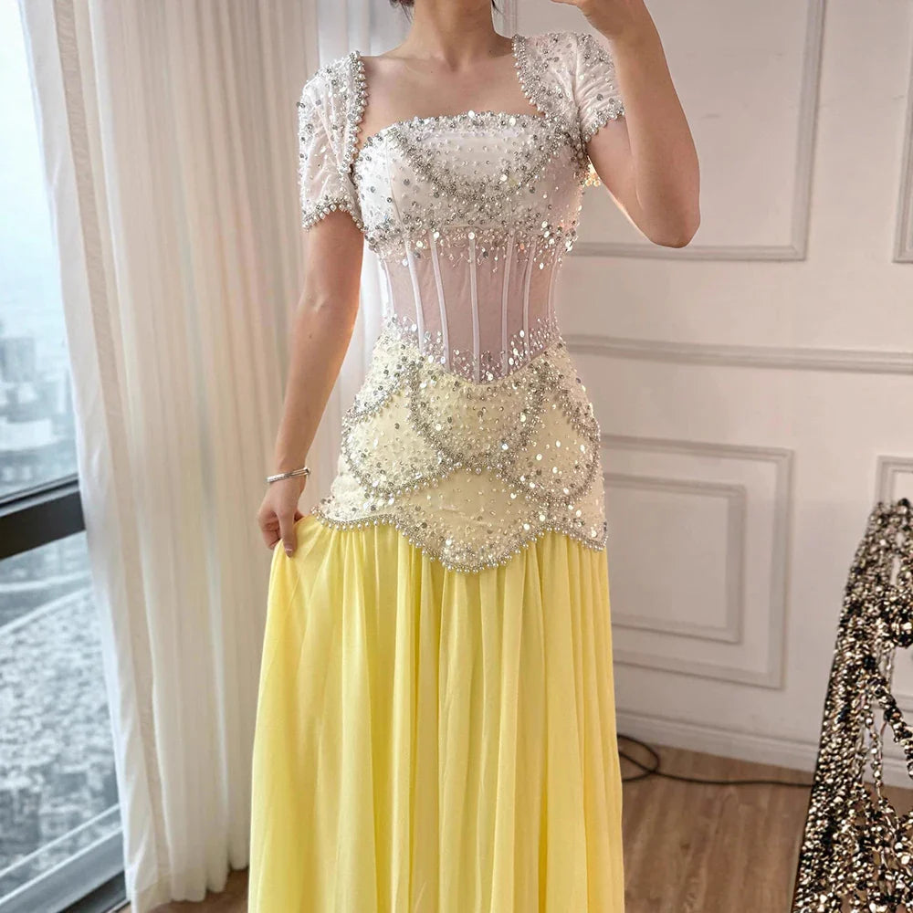 Luxury Yellow Pearls A-Line Evening Dress with Flowing Coat LA72978