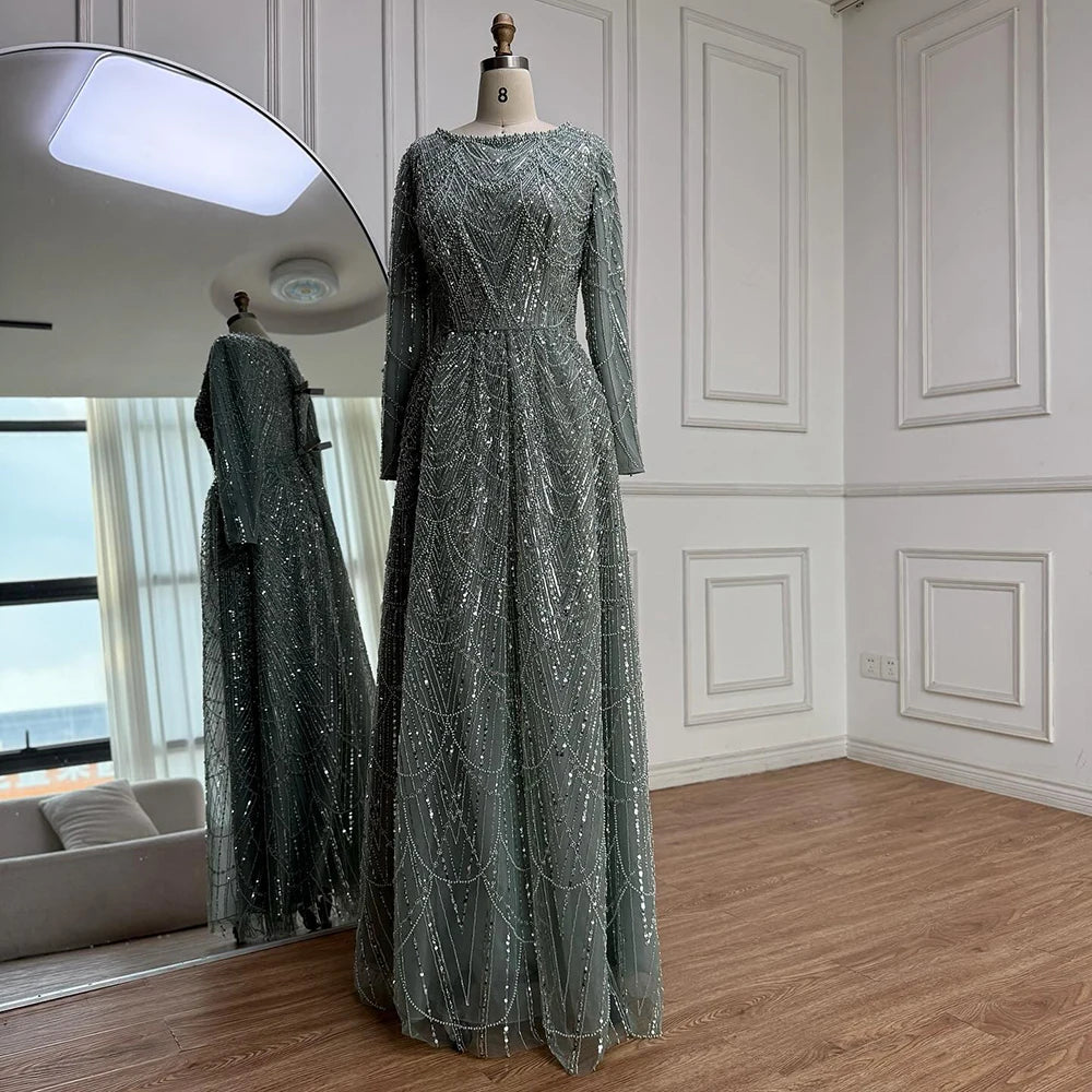 שמלת ערב יוקרתית בגזרת A עם חרוזים בצבע ירוק זית ושרוולים ארוכים LA72738B