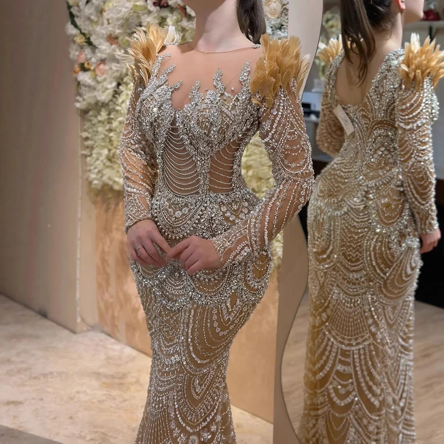 Luxury Nude Beaded Feather Long Sleeve Mermaid Evening Dress LA73348