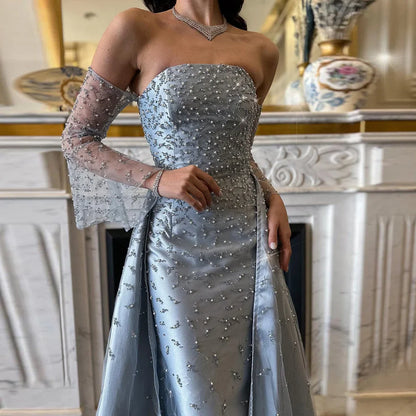 Luxury Blue Beaded Pearls Evening Dress with Removable Overskirt LA72705