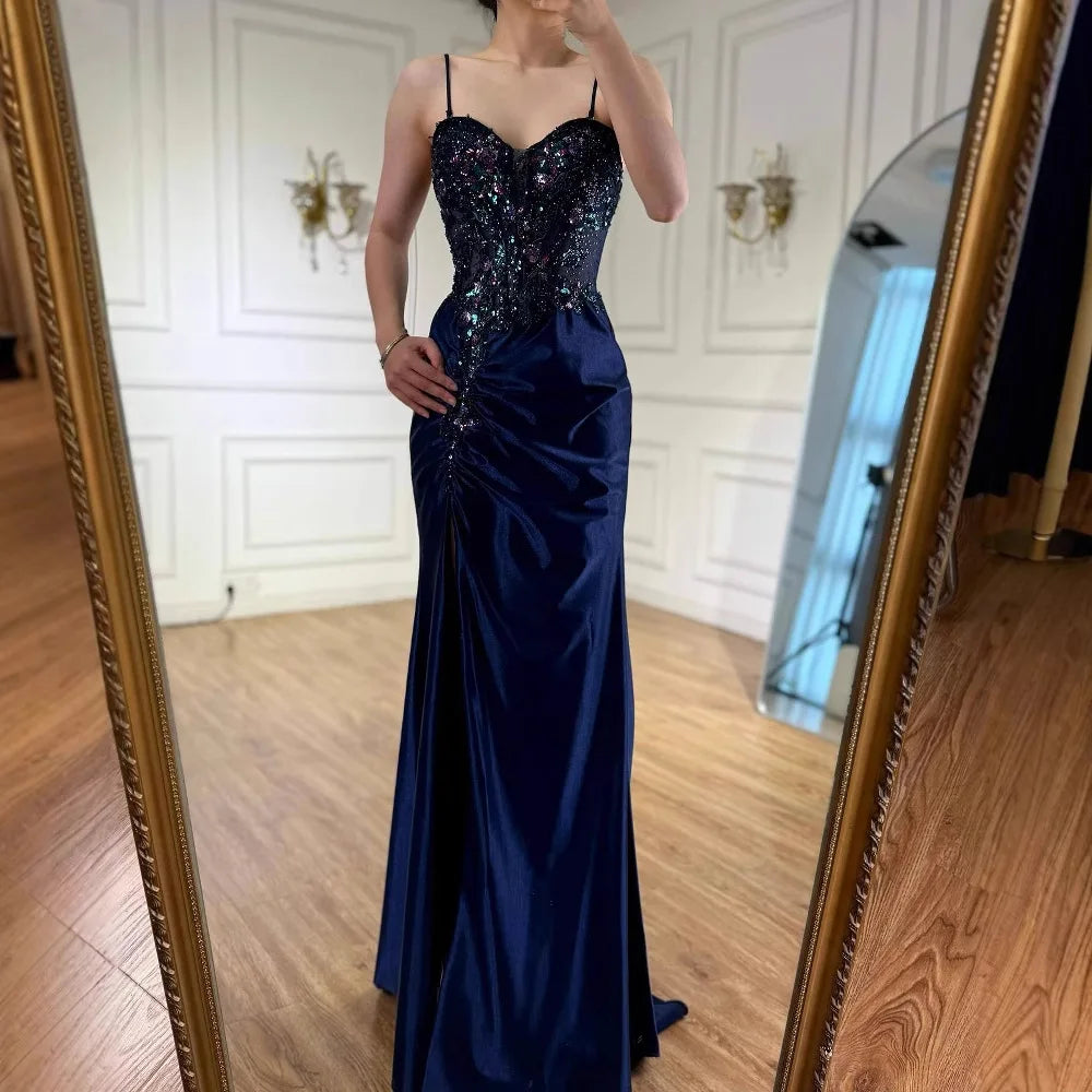Luxury Navy Satin Prom Dress with Lace Beaded and Slit LA73003