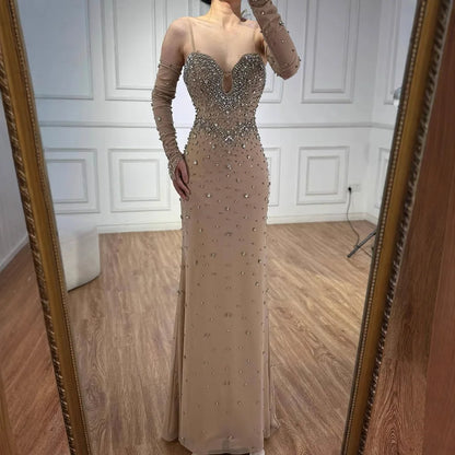 Luxury Nude Beaded Mermaid Dress with Detachable Sleeves LA73065