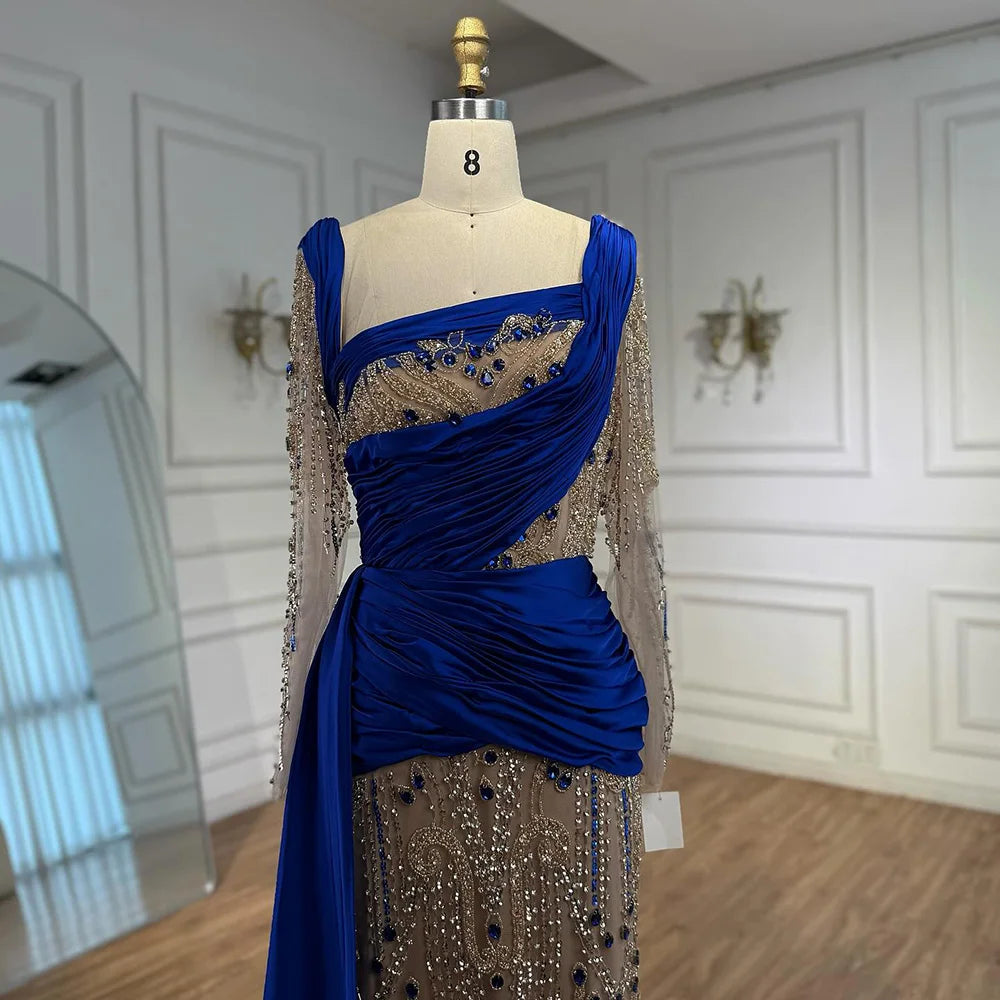 Luxury Royal Blue Velvet Beaded Mermaid Evening Dress LA72988