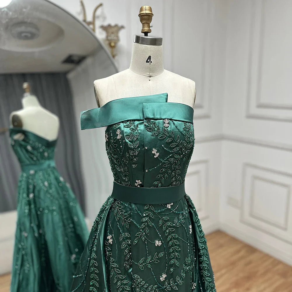 Luxury Green One Shoulder Satin Evening Dress with Overskirt LA72178