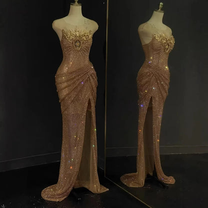 Luxury Saudi Arabic Nude Beaded High Split Evening Dress LA73436