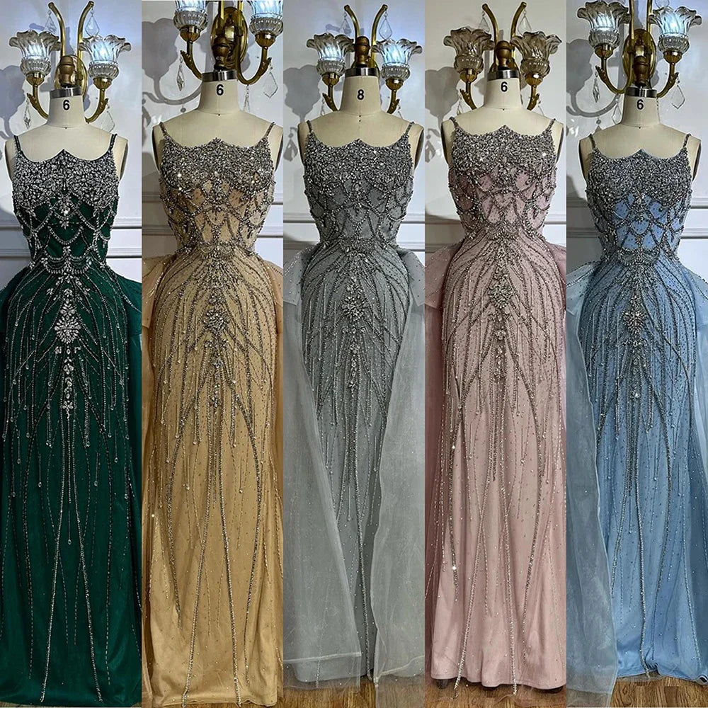 Luxury Dubai Nude Saudi Beaded Spaghetti Strap Evening Dress with Overskirt LA72810