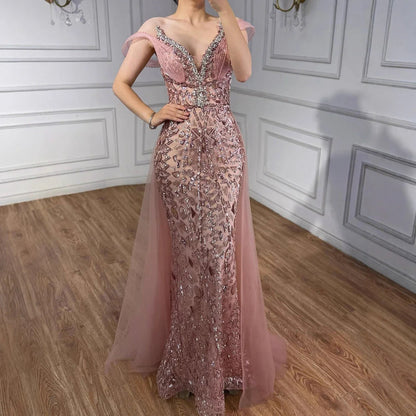 Serene Hill Pink Beaded Off Shoulder Evening Dress LA73413