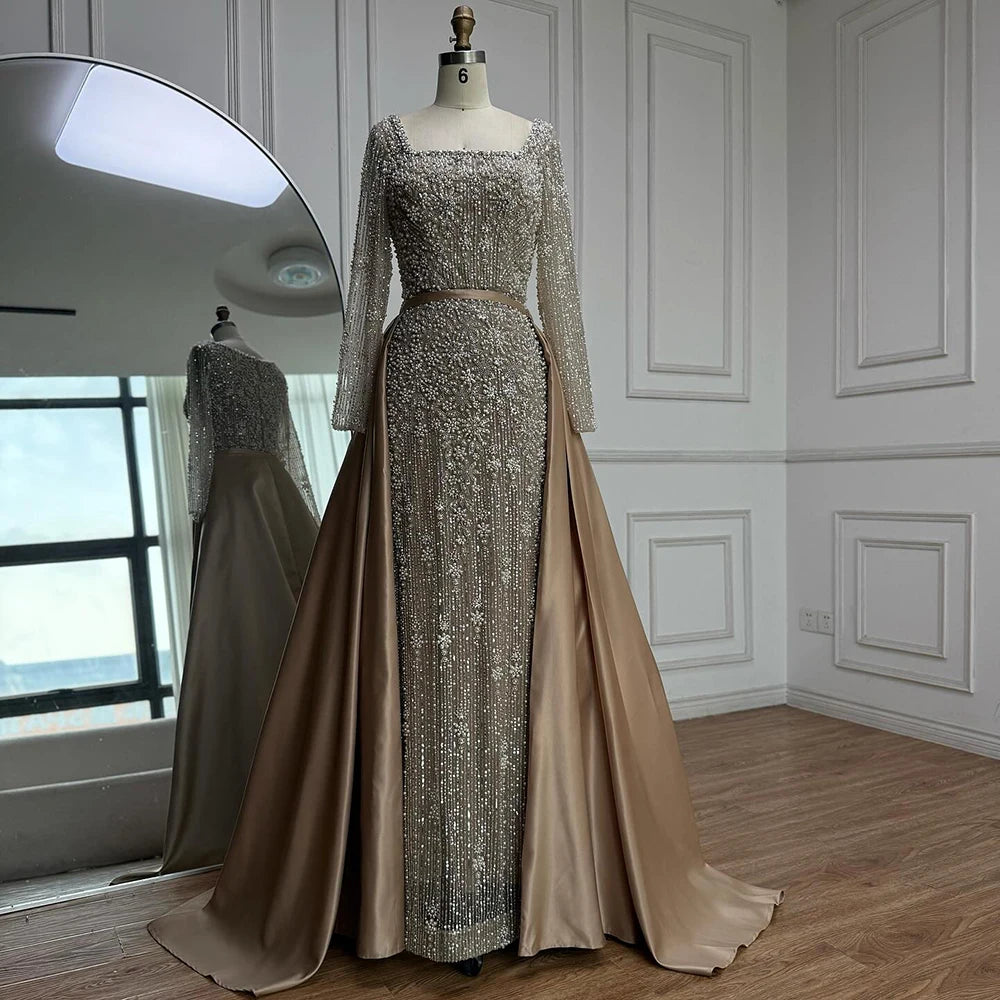 Luxury Arabic Turquoise Mermaid Beaded Evening Gown with Overskirt LA72533A