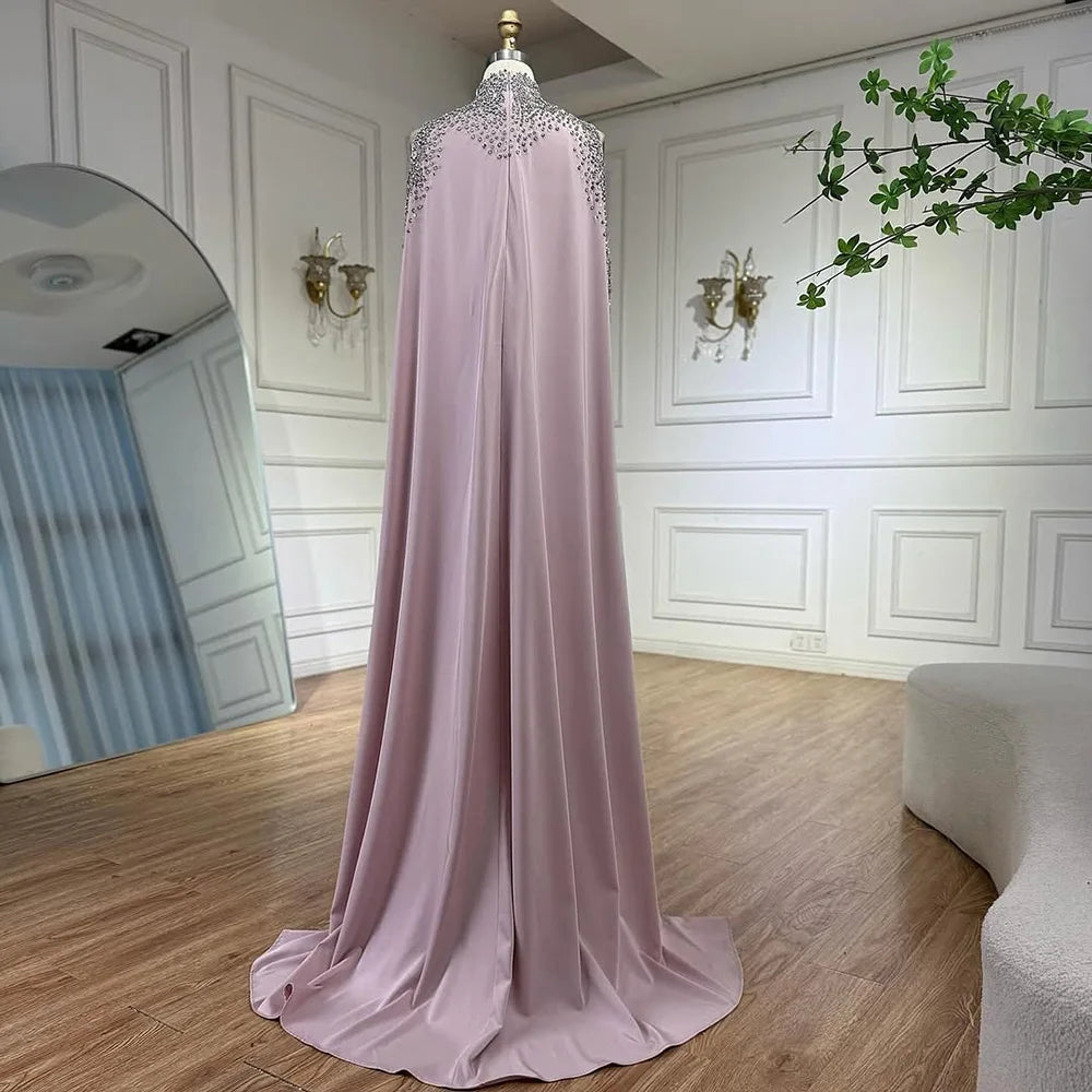 Elegant Blue High Neck Evening Dress with Crystals and Long Cape LA73068