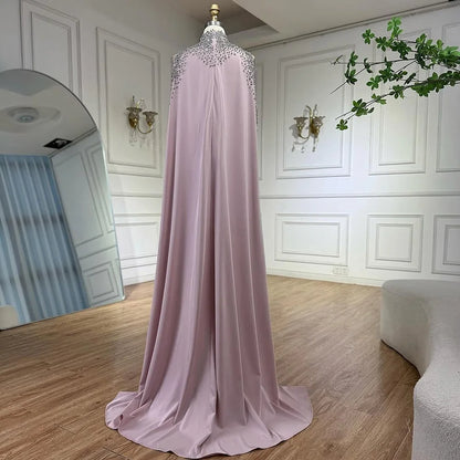 Elegant Blue High Neck Evening Dress with Crystals and Long Cape LA73068