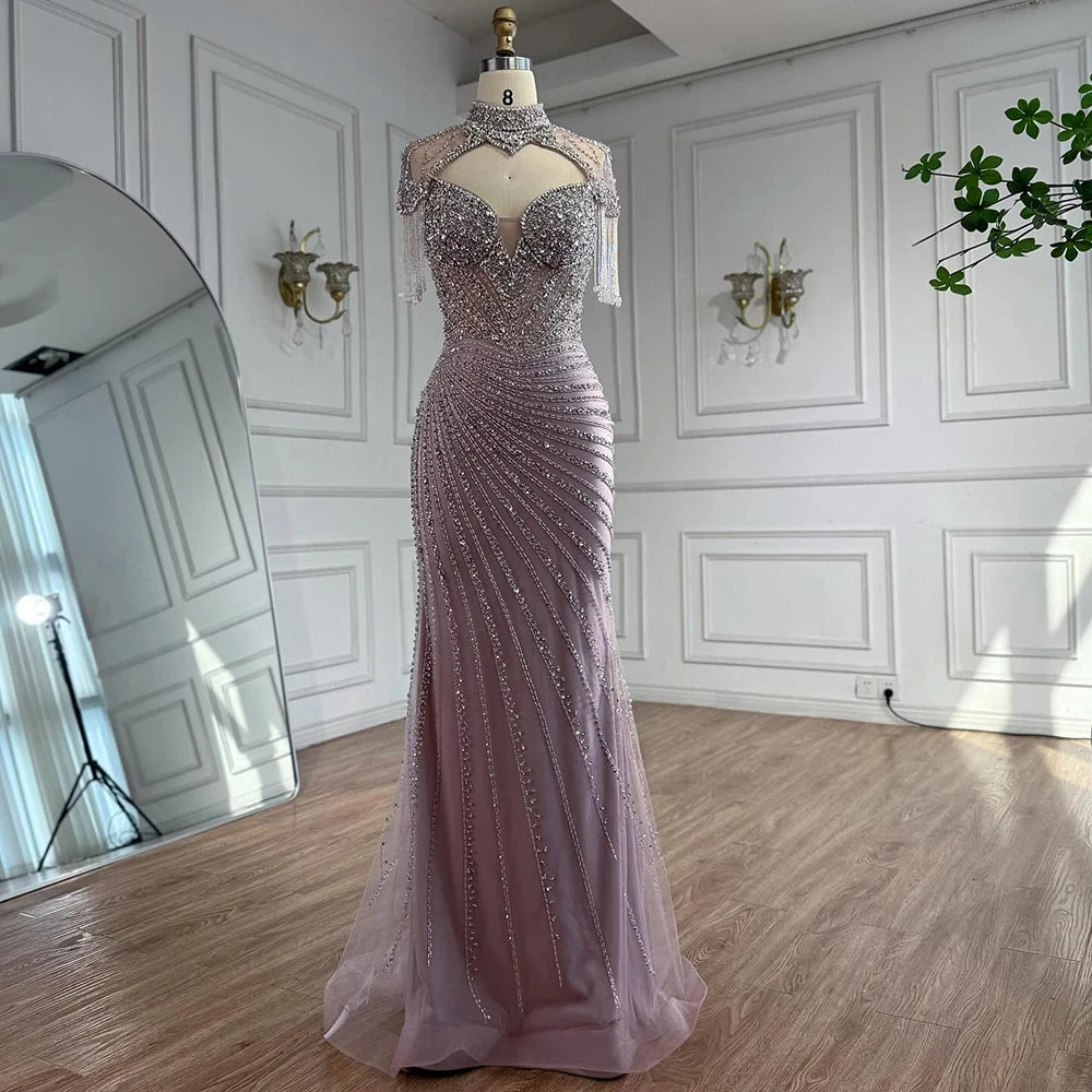 Luxury Pink Beaded Tassel Mermaid Evening Dress Long Gown LA73184