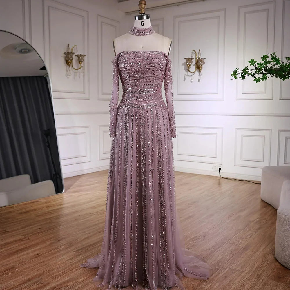 Caramel Off Shoulder Beaded Mermaid Evening Dress Long Sleeves LA73053