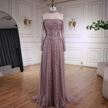 Caramel Off Shoulder Beaded Mermaid Evening Dress Long Sleeves LA73053