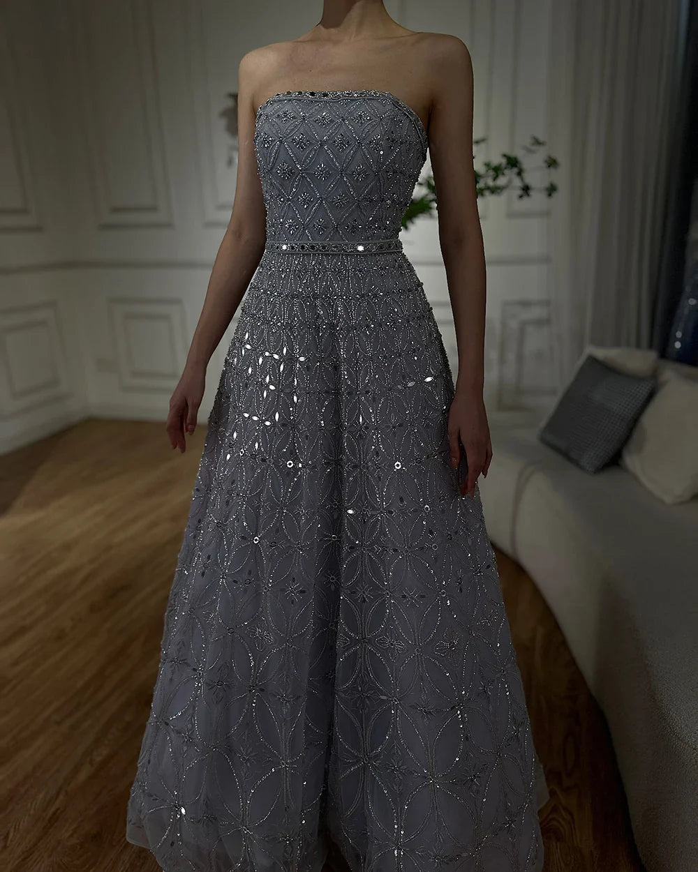 Luxury Dubai  Arabic Gray A Line Elegant Beaded Long Evening Dresses Gowns for Formal Occasion LA72755