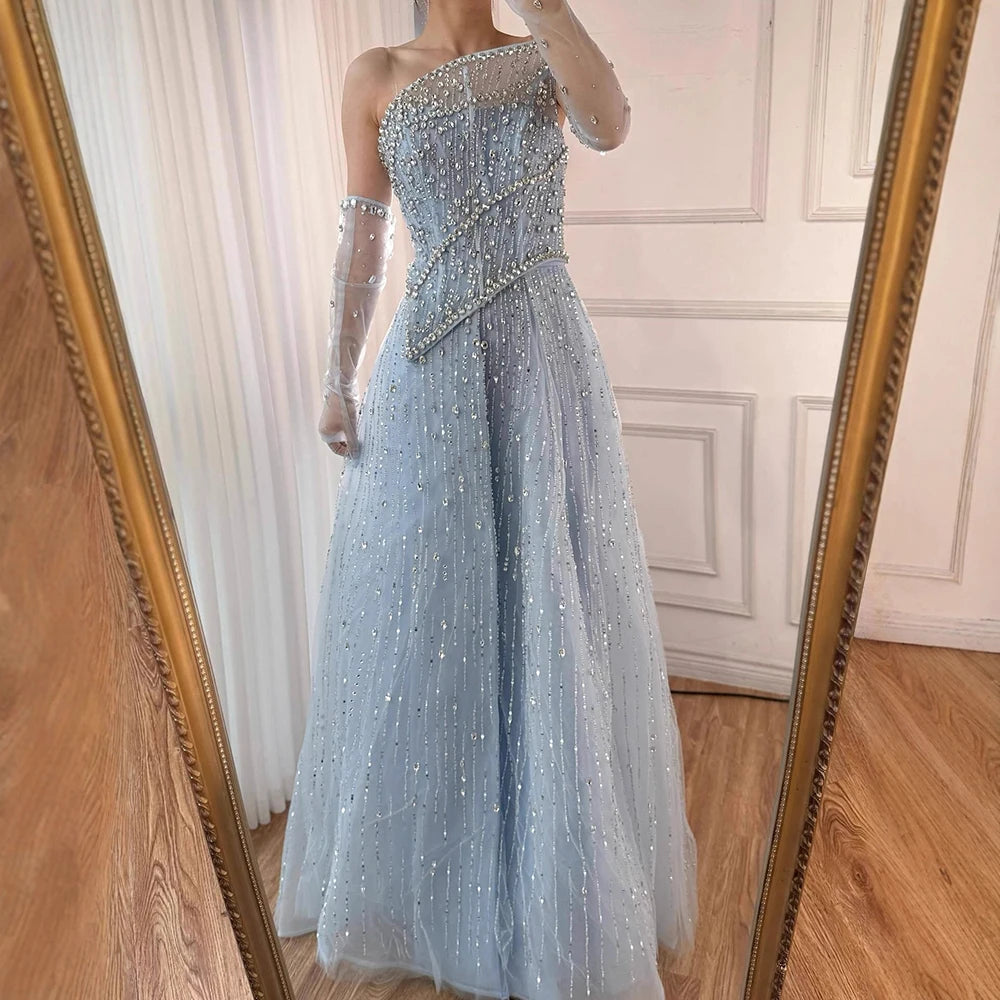 Luxury Nude Crystal Beaded A-Line Evening Dress with Split LA72949