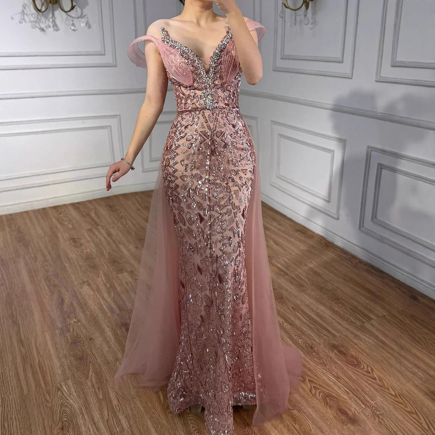 Serene Hill Pink Beaded Off Shoulder Evening Dress LA73413