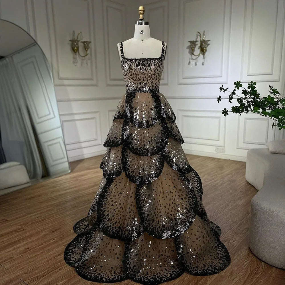 Designer Sparkly Sequin Tiered Ruffles Ball Gown Evening Dress LA72505