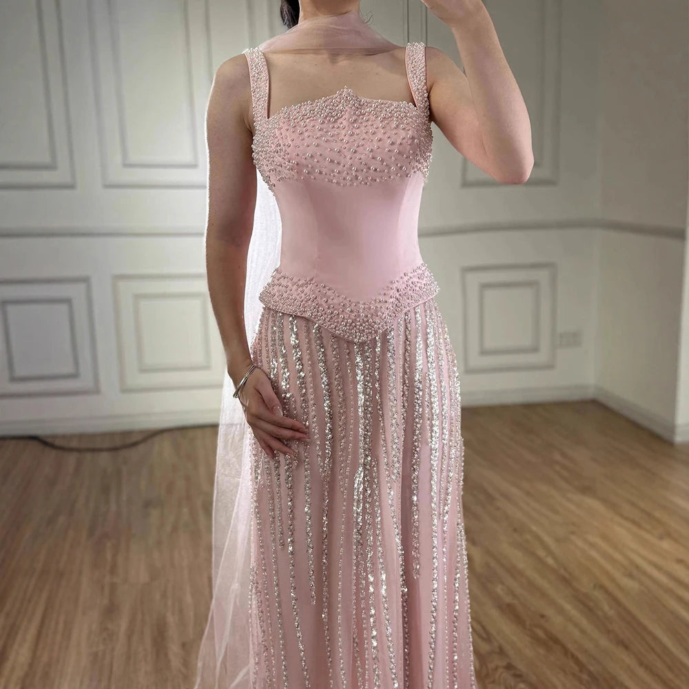 Glamorous Pink Strapless Mermaid Evening Dress with Pearls LA73070
