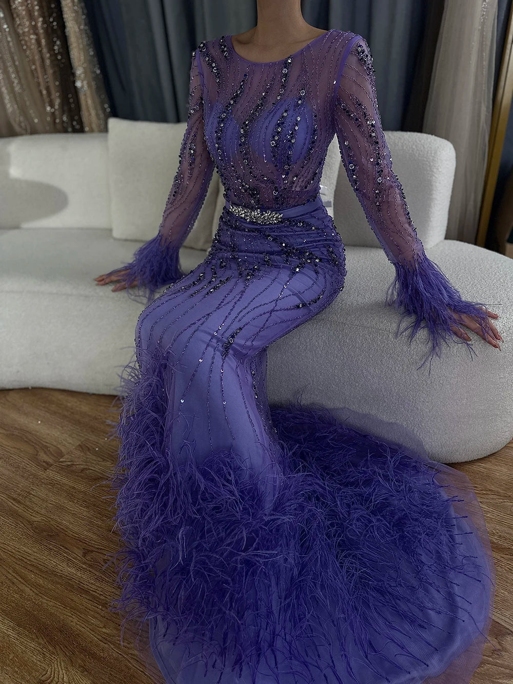 Serene Hill Elegant Mermaid Evening Dress Arabic Purple Beaded Feathers | Luxury Gown for Women's Wedding Party  LA72367
