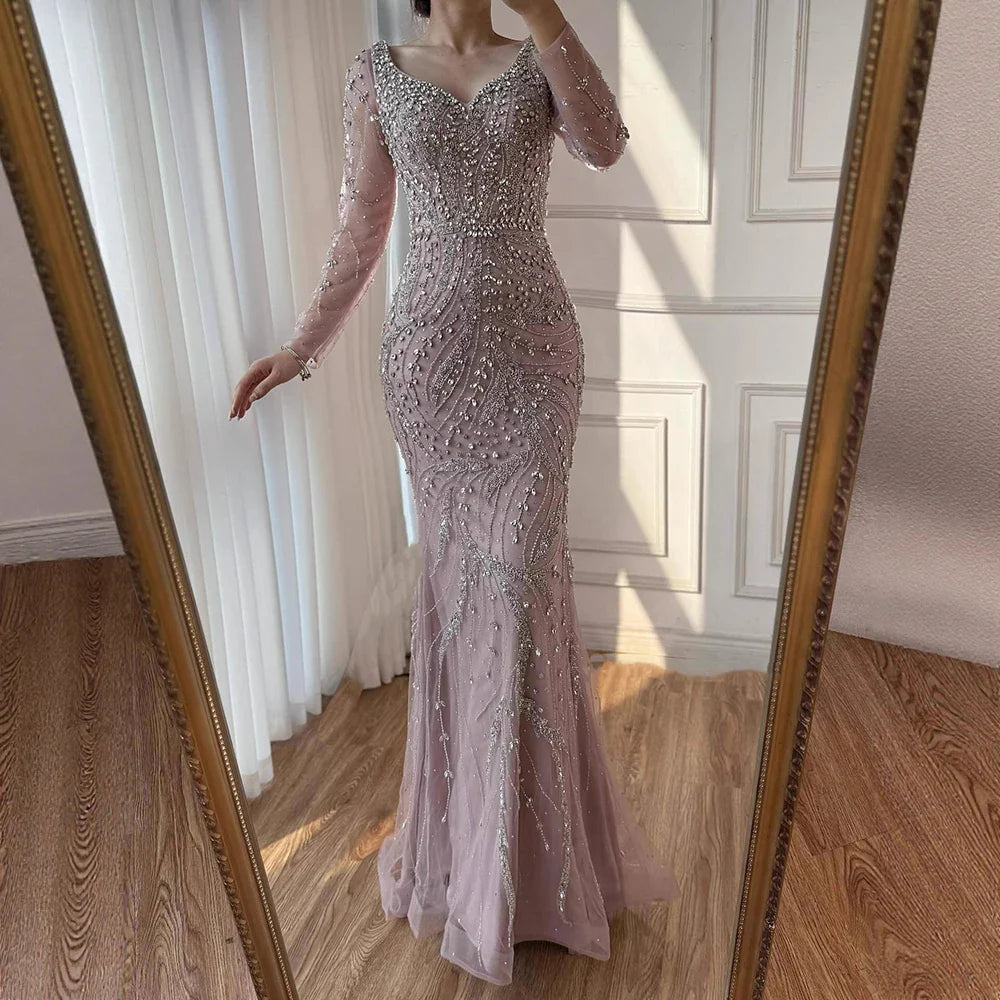 Luxury Muslim Nude Arabic Mermaid Beaded Evening Dress LA73191