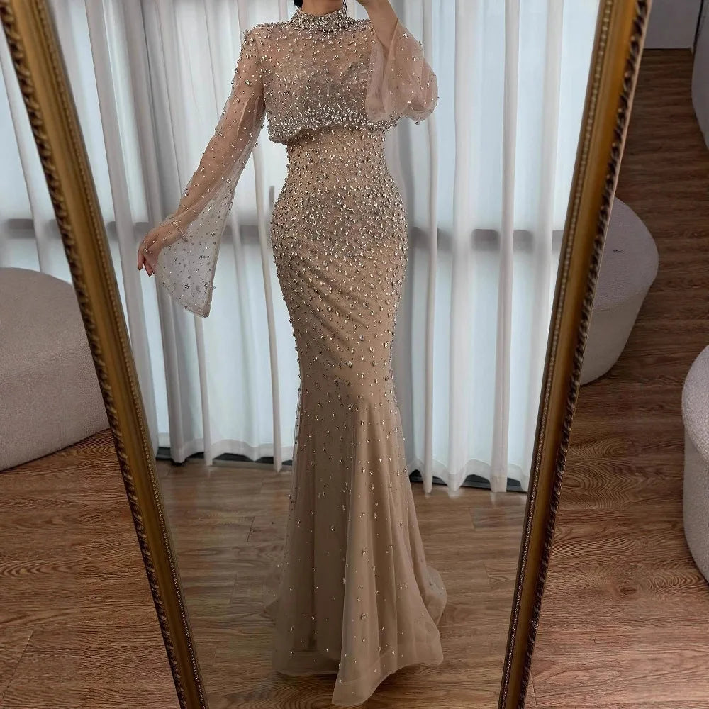 Luxury Turquoise Beaded Mermaid Evening Dress with Detachable Top LA73095