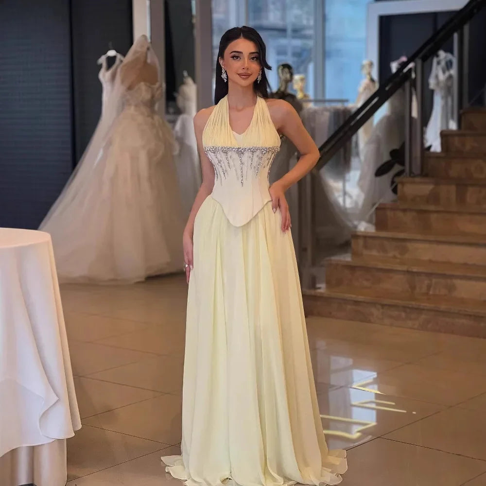 Elegant Yellow Chiffon Halter Beaded Ball Gown Evening Dress LA73074