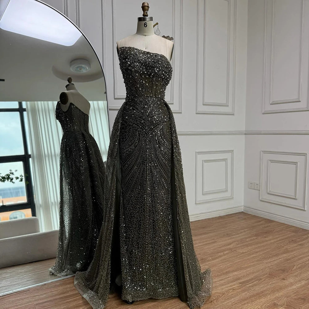 Luxury Olive Green Beaded Mermaid Evening Dress with Overskirt LA73164
