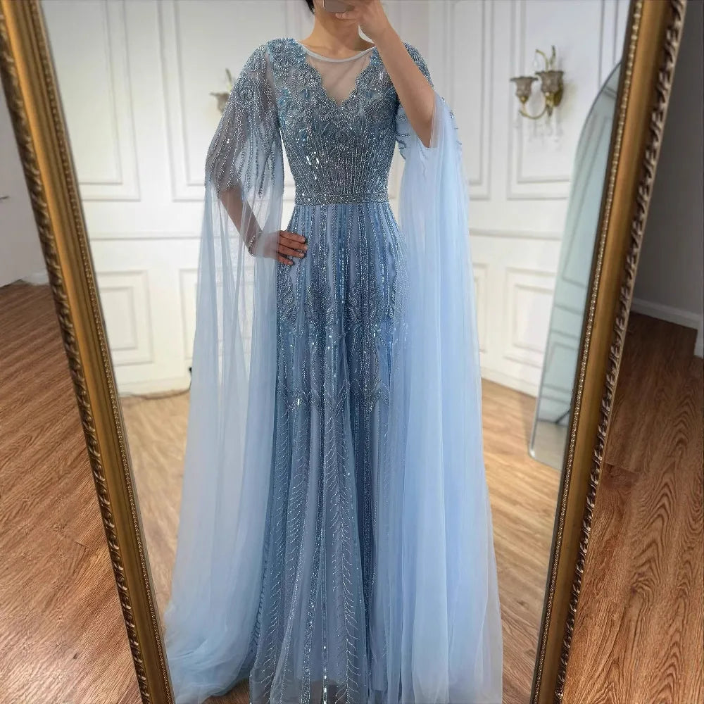 Rose Gold Beaded A-Line Evening Dress with Cape Sleeves LA73056