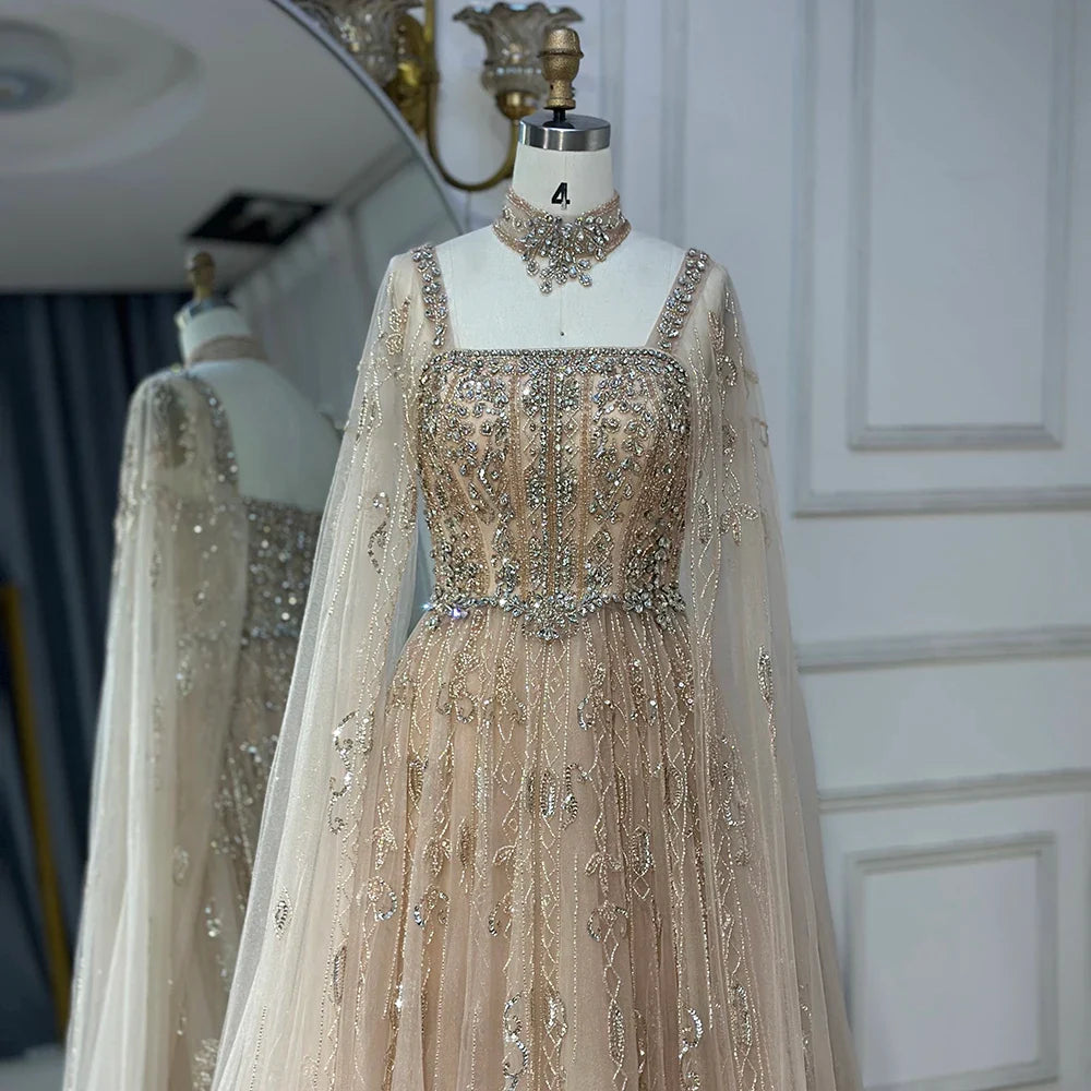 Luxury Nude A-Line Crystal Beaded Arabic Evening Dress LA72764
