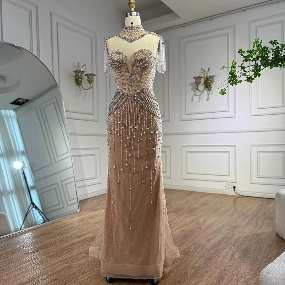 Luxury Nude Pearl Beaded Tassel Mermaid Evening Dress LA73183