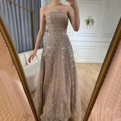 Luxury Dubai  Arabic Gray A Line Elegant Beaded Long Evening Dresses Gowns for Formal Occasion LA72755