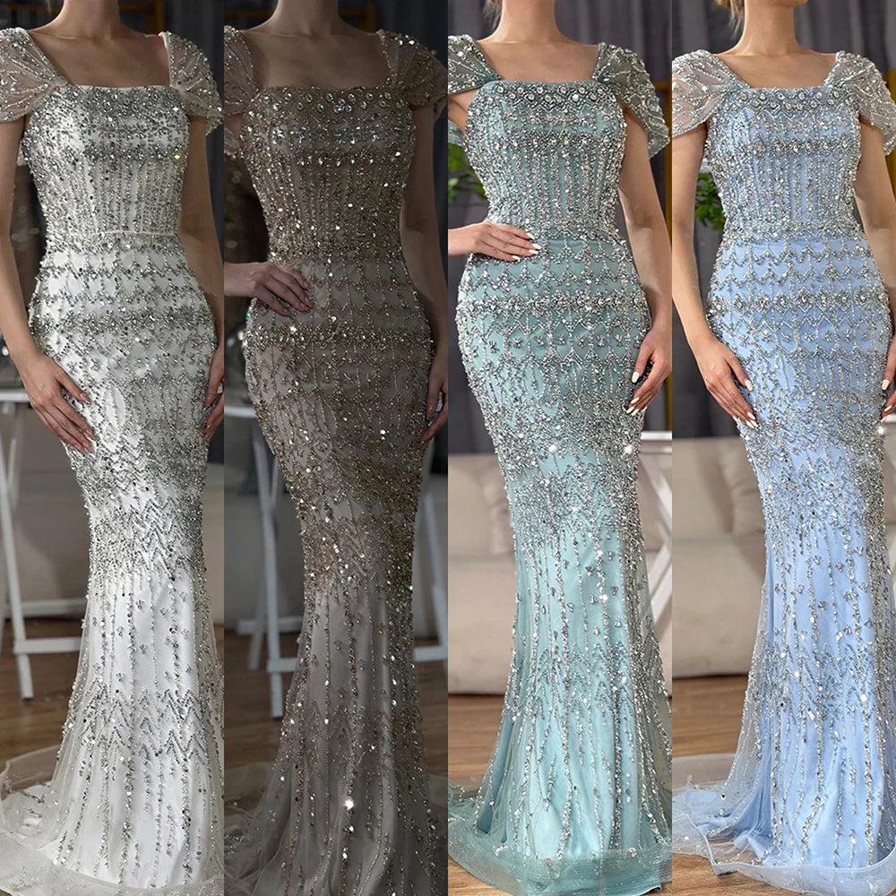 Luxury White Mermaid Square Neck Short Sleeves Evening Dresses LA72714