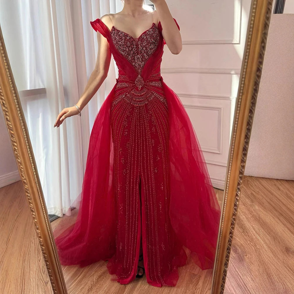 שמלת ערב יוקרתית בתולת ים עם חרוזים בגוון עירום, חצאית עליונה ושסע LA73034 