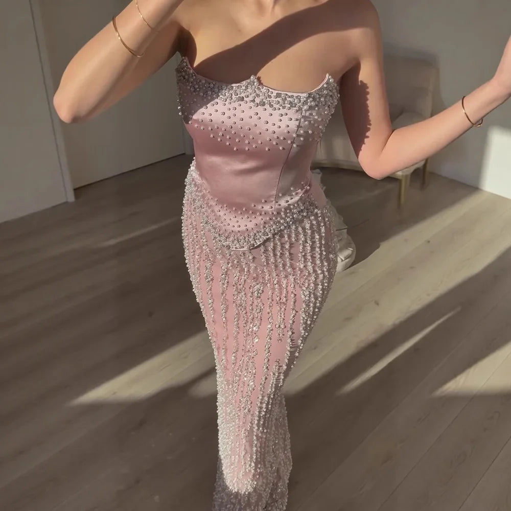 Glamorous Pink Strapless Mermaid Evening Dress with Pearls LA73070