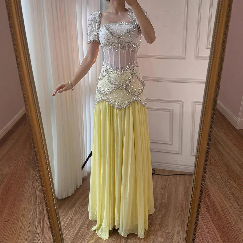 Luxury Yellow Pearls A-Line Evening Dress with Flowing Coat LA72978
