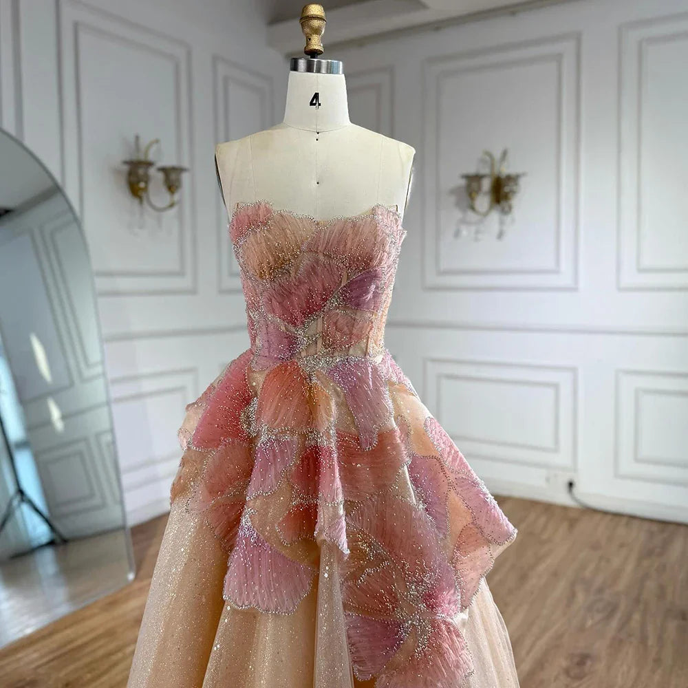 Luxury Peach Floral Appliqué A-Line Sparkly Evening Dress LA73185