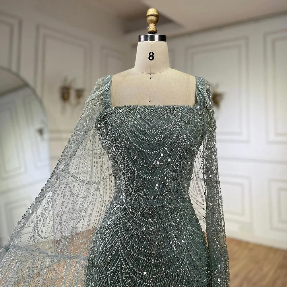Luxury Turquoise Beaded Pearl Arabic Evening Dress with Cape Sleeves LA72590