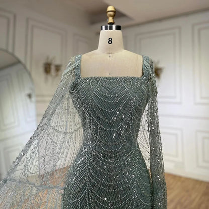 Luxury Turquoise Beaded Pearl Arabic Evening Dress with Cape Sleeves LA72590