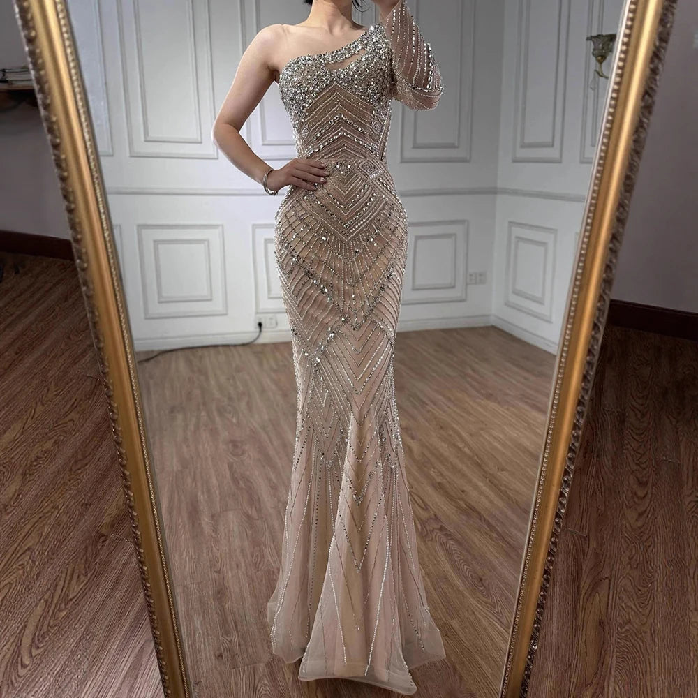 Luxury Nude One Shoulder Long Sleeve Beaded Evening Dress LA73180