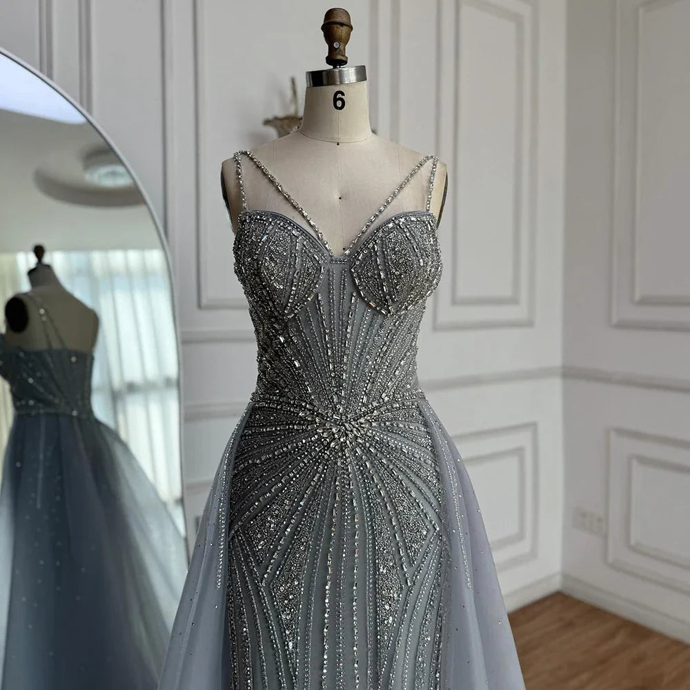 Luxury Nude Spaghetti Strap Mermaid Evening Dress with Overskirt Beaded LA73090A