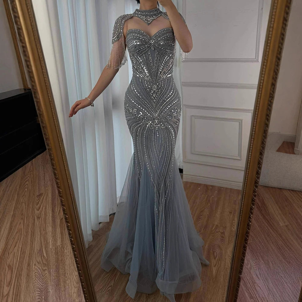 שמלת ערב יוקרתית עם צווארון גבוה ונצנצים בצבע גוף עירום LA72897 