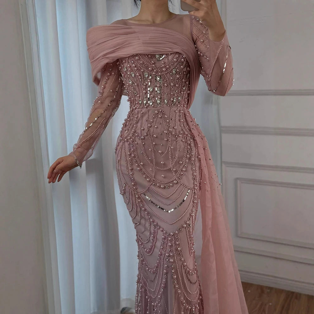 Nude Crystal Mermaid Evening Dress with Overskirt LA72348