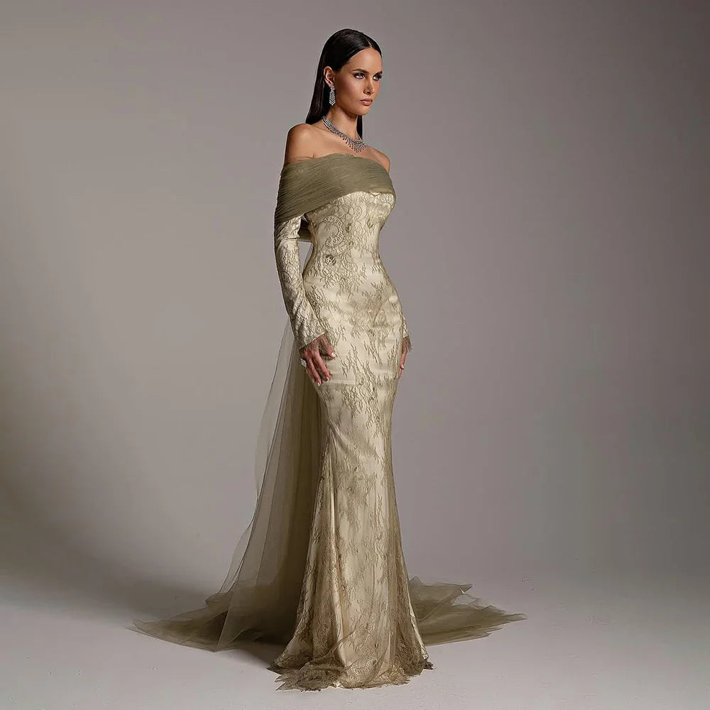 Elegant Olive Green Evening Dress with Lace Sleeves LA72942