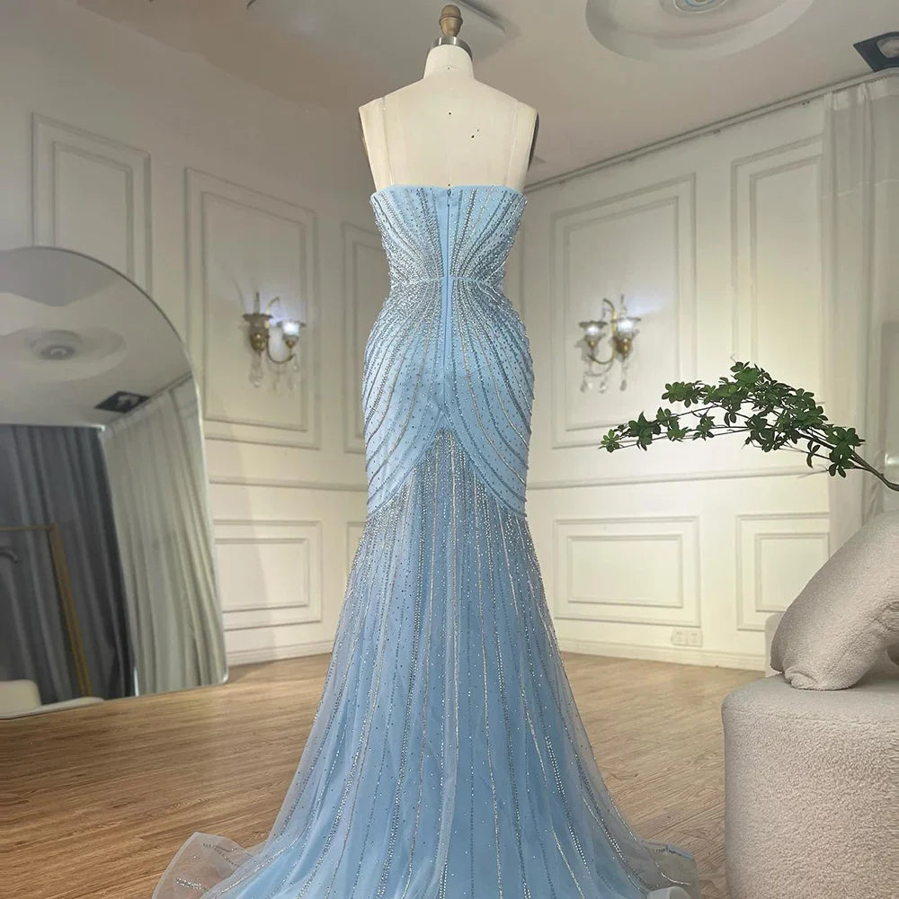 Luxury Blue Beaded Evening Gown with Detachable Cape LA72784