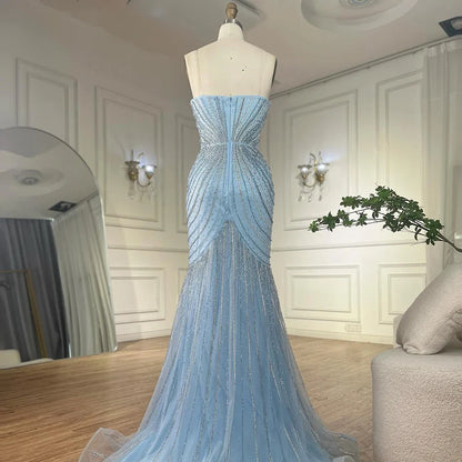 Luxury Blue Beaded Evening Gown with Detachable Cape LA72784