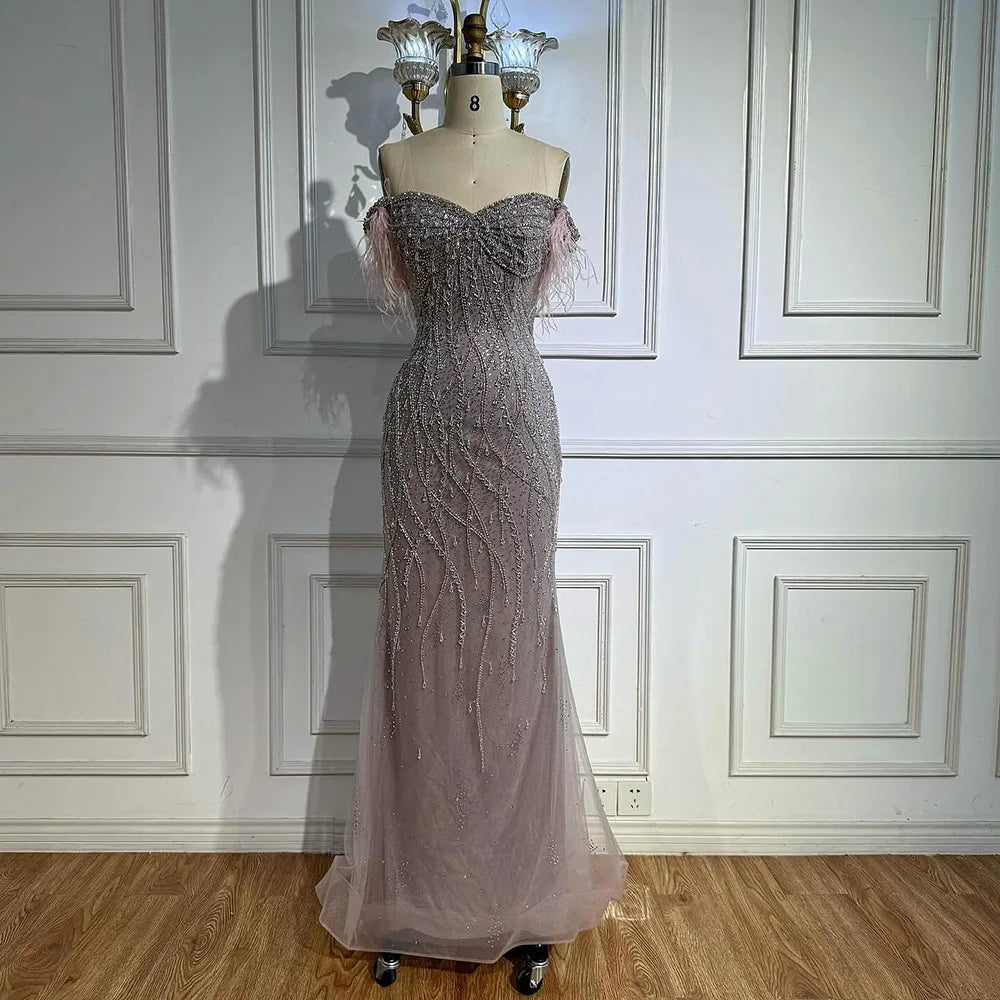 Luxury Dubai Nude Beaded Mermaid Evening Gown with Feather Formal Occasion LA72818